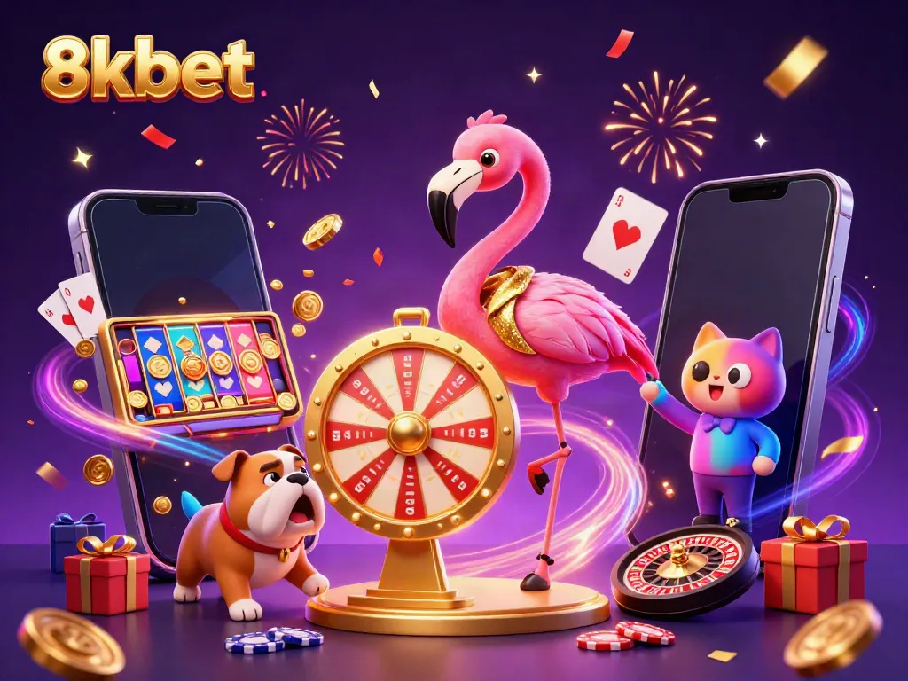 Engaging scene showcasing the 8xbet logo with animated characters and casino elements celebrating big wins.