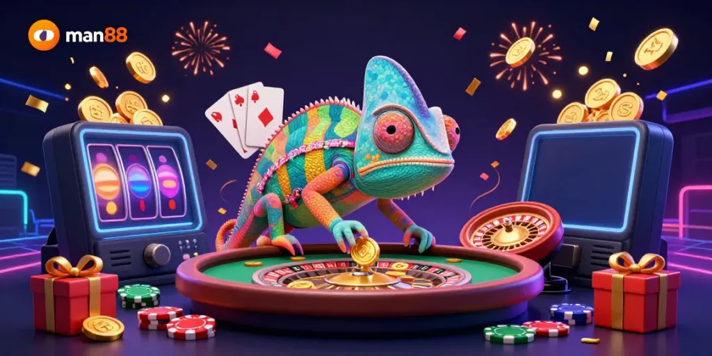 Experience man88's vibrant casino flair with a colorful chameleon owner amidst dynamic gaming elements.
