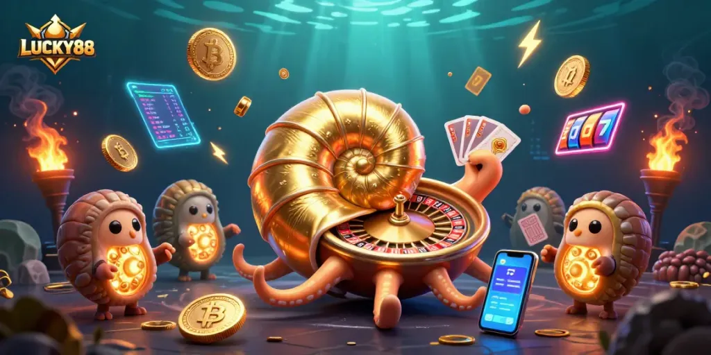 Engage in thrilling gameplay with LUCKY88 featuring vibrant slot elements and cryptocurrency visuals.