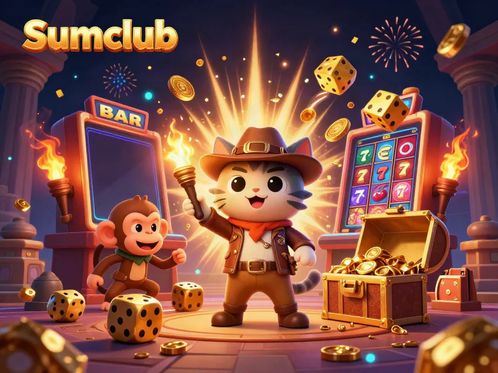 Engage with Sumclub's exhilarating casino atmosphere featuring a lucky explorer and treasures.