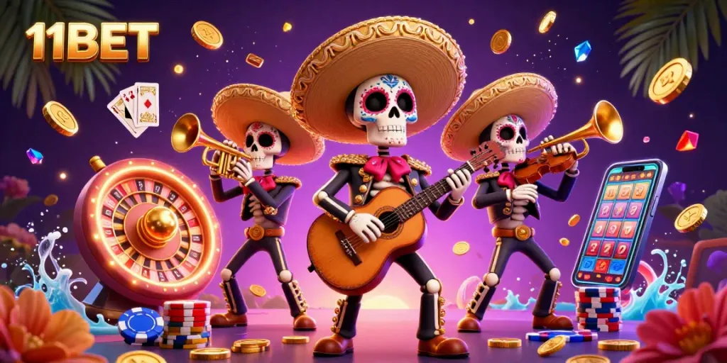 Experience vibrant gaming action with 11BET's lively mariachi skeletons and casino elements.