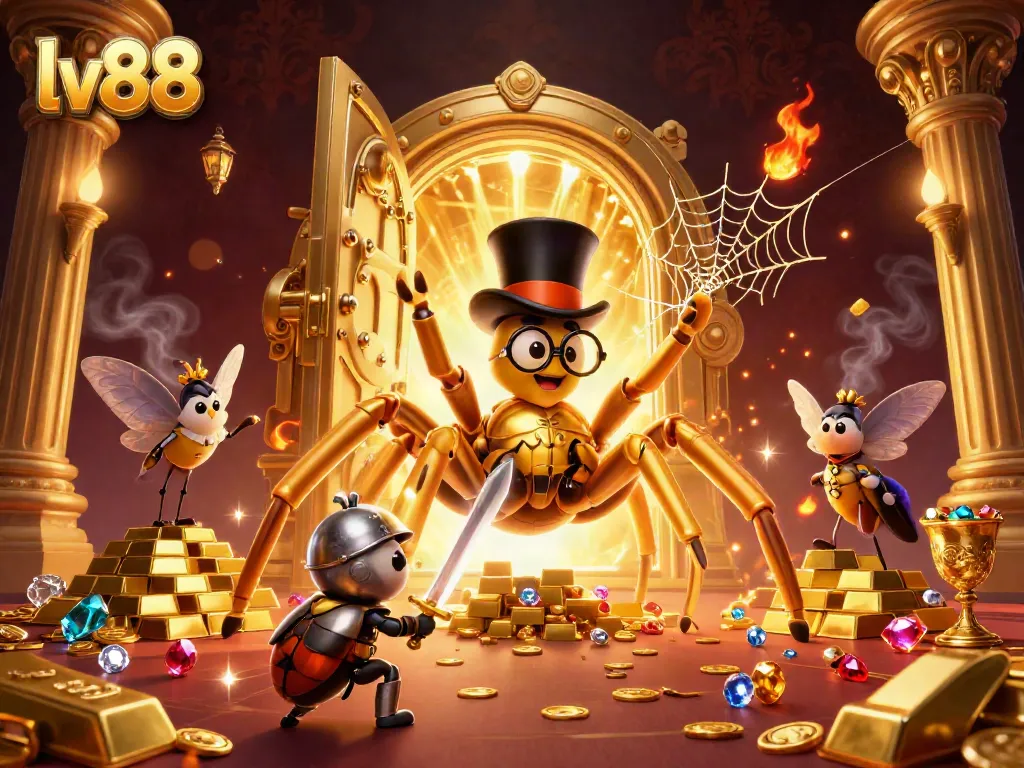 Engage with lv88's exciting casino world, featuring a golden tarantula and brave beetle knight in a vibrant 3D digital scene.