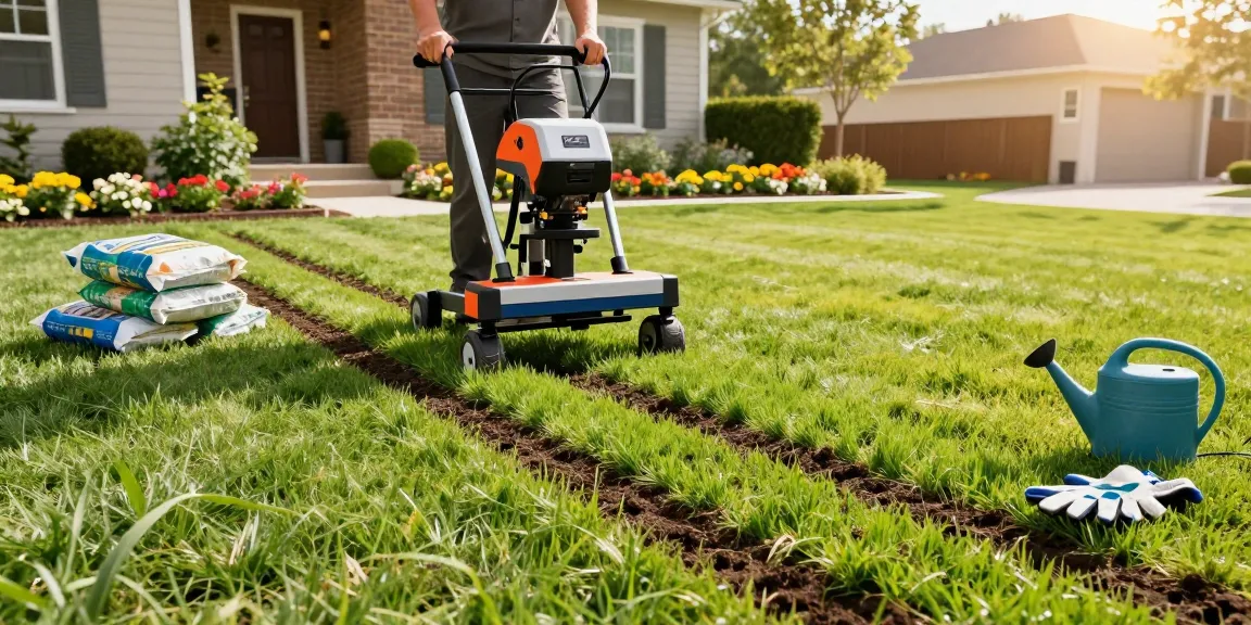 Slit seeding ottawa process with a landscaper using a seeding machine on a lush lawn.