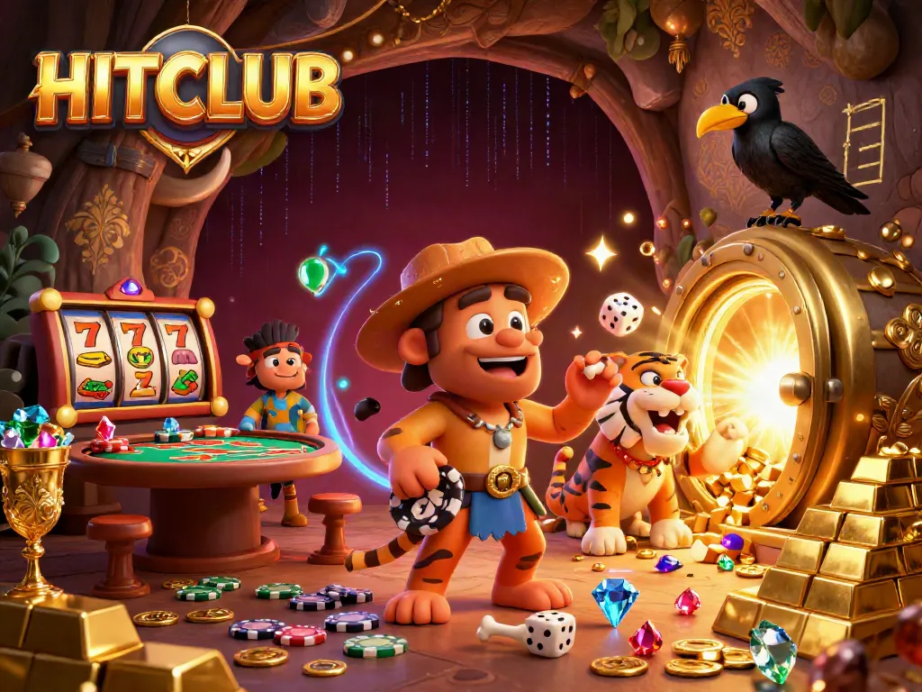Experience HITCLUB's thrilling casino atmosphere featuring rich slot reels and vibrant poker elements.