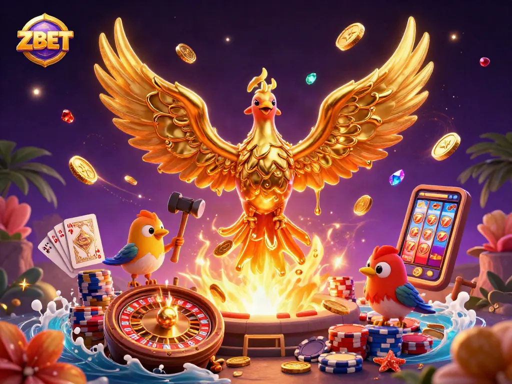ZBET showcases a golden phoenix amidst casino action, symbolizing winning opportunities and excitement.