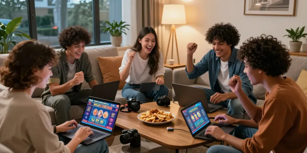 Friends enjoying gaming together through https://ta88.network/ on laptops and tablets at home, creating a joyful atmosphere.