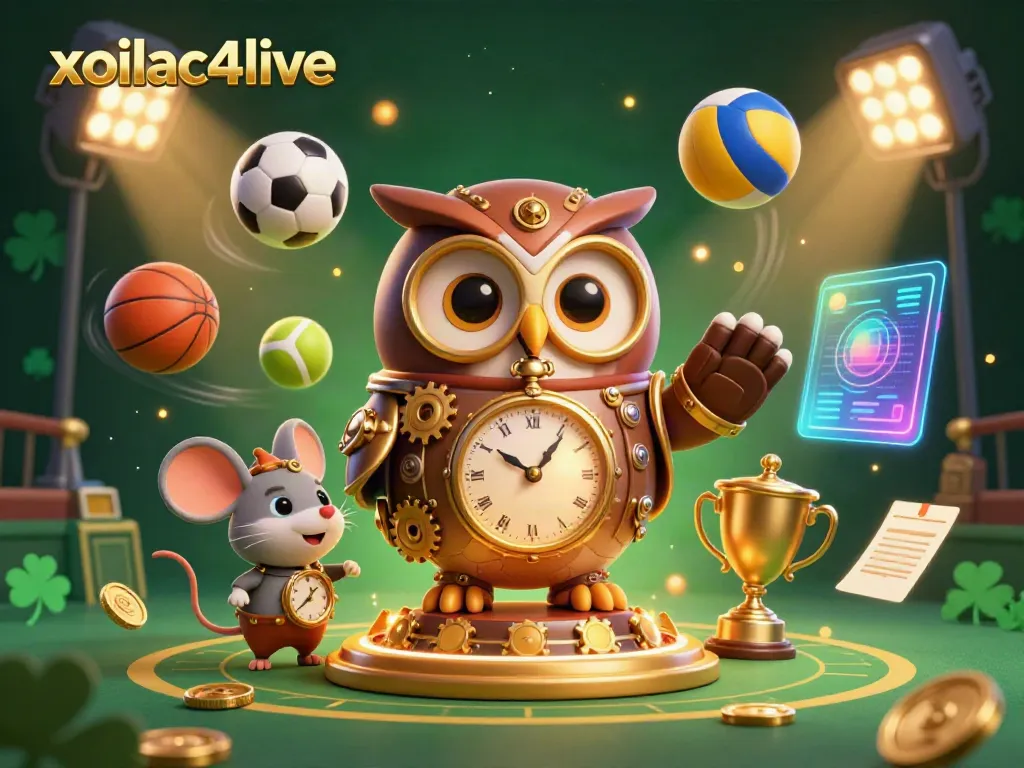 Xoilac4live showcases 3D cartoon characters in an immersive casino scene with dynamic sports elements and rich detail.
