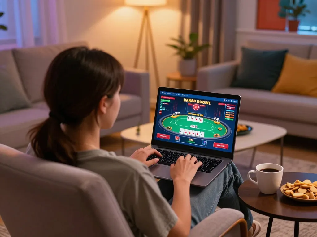 vaobet player engaging in strategic online gaming from home with laptop and snacks