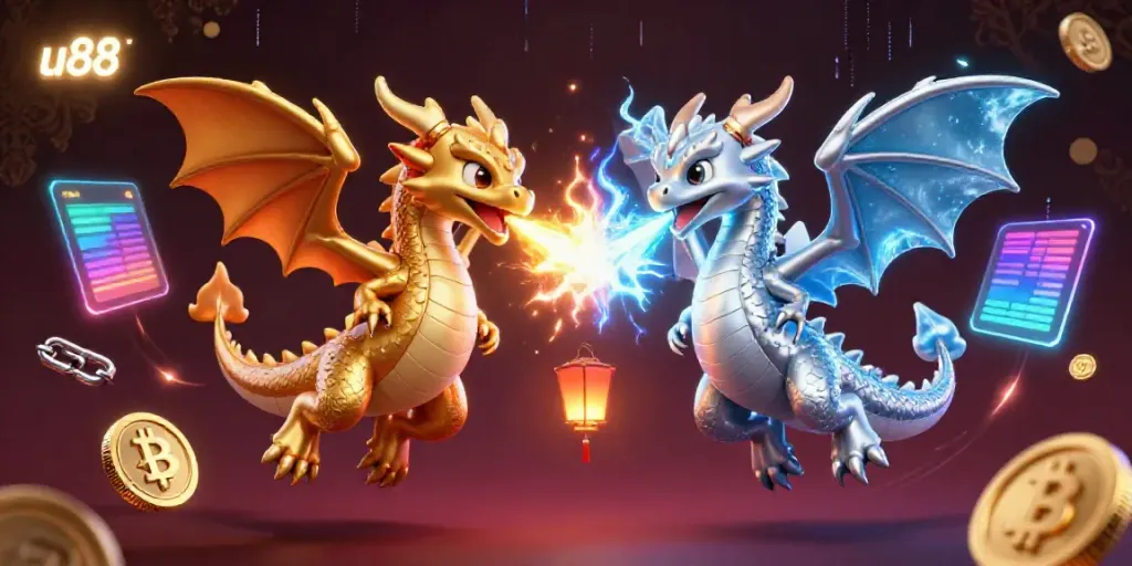 Engage with U88 while surrounded by 3D animated dragons and glowing cryptocurrencies.
