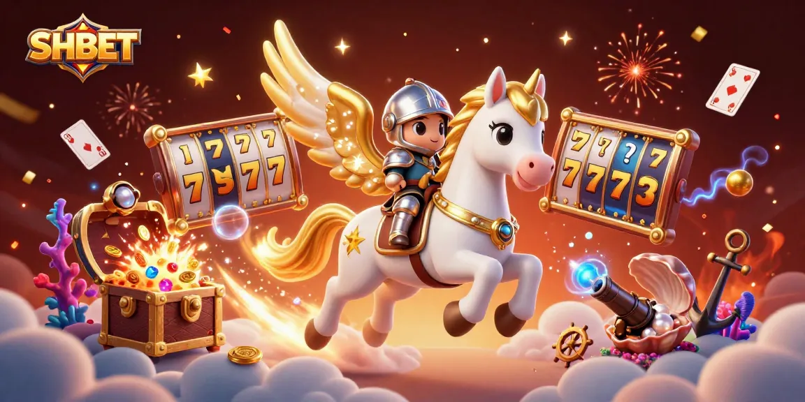 SHBET casino illustration with a celestial horse celebrating wins, adorned with vibrant game elements.