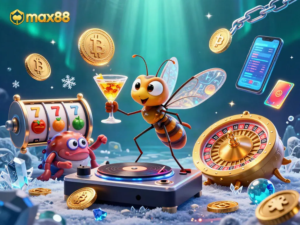 Experience max88 with a lively casino scene featuring a frozen mosquito mascot and DJ elements.