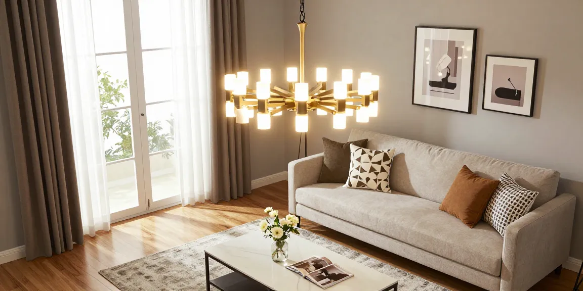 Candelabru living elegant în livingul modern, iluminând atmosfera rafinată.