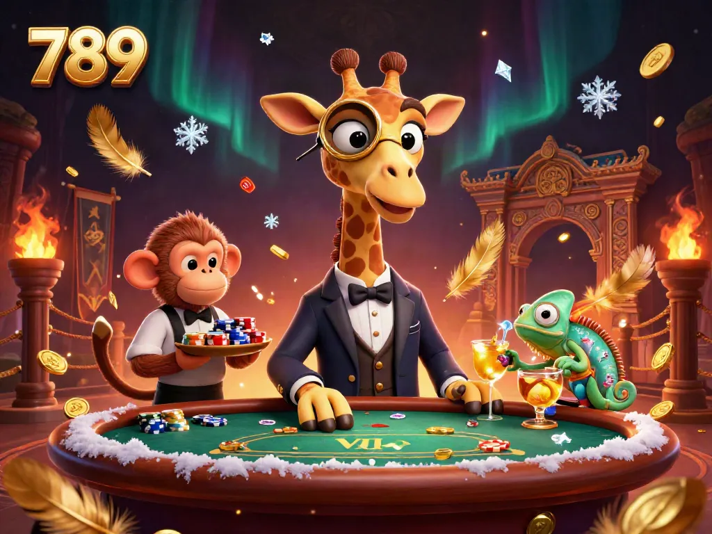 Experience the vibrant 789 casino scene with a high-roller giraffe, monkey valet, and chameleon bartender.