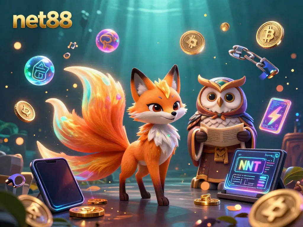 Engage with net88's vibrant 3D casino scene featuring a glowing nine-tailed fox and wise owl amidst crypto symbols.