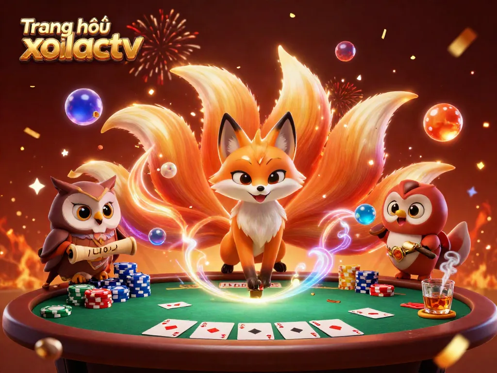 Experience the vibrant energy of Trang chủ xoilactv, featuring a nine-tailed fox spirit and poker elements in a lively 3D scene.