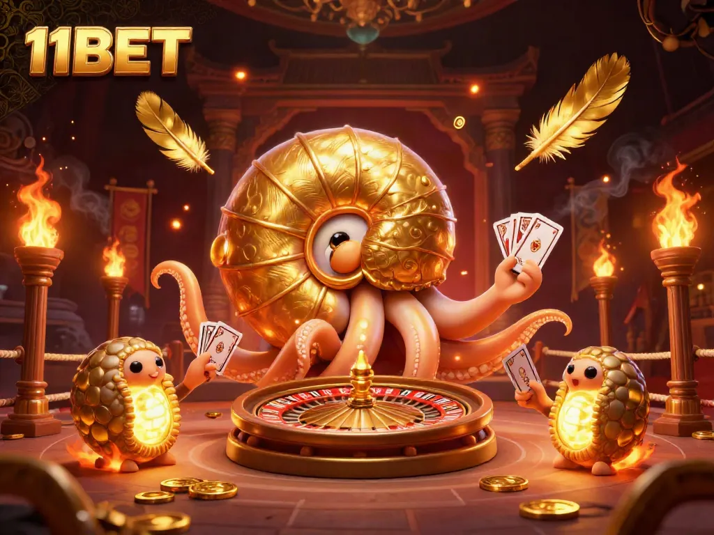 Play thrilling games with 11BET in a vibrant 3D casino scene featuring a giant nautilus roulette