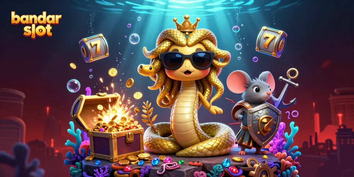 Engage with bandar slot action featuring Medusa and a warrior mouse in a vibrant, casino-themed underwater treasure scene.
