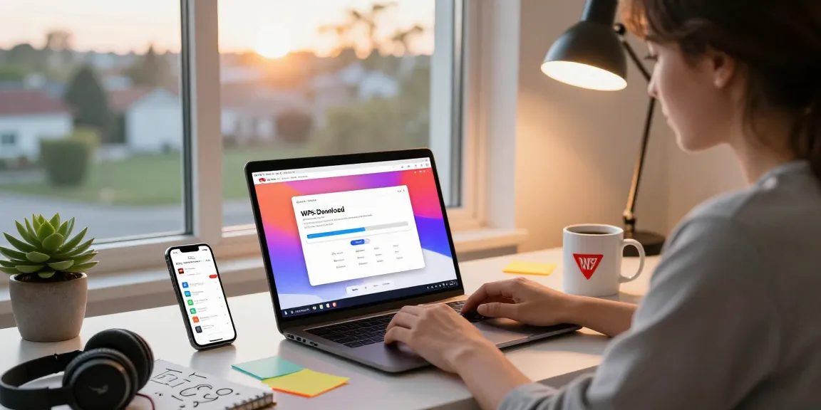 WPS Download process on a laptop in an inviting home office setting with modern workspace elements.