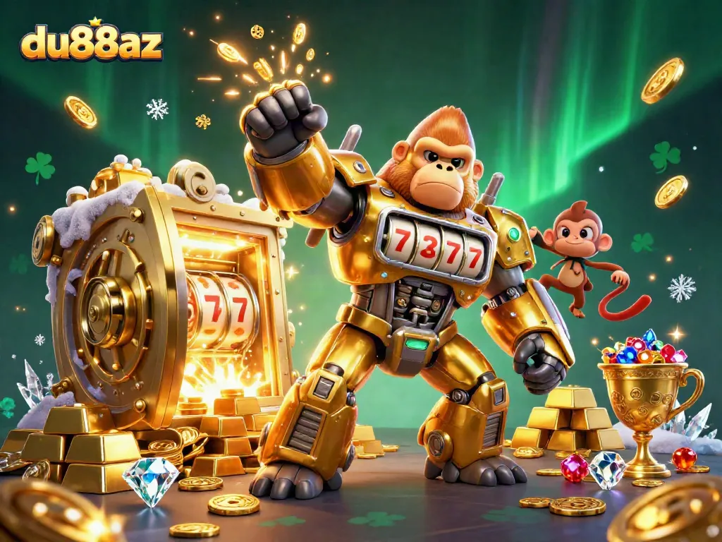 Experience thrilling wins at du88az with a golden gorilla mech, spinning slot machine elements, and piles of treasures.