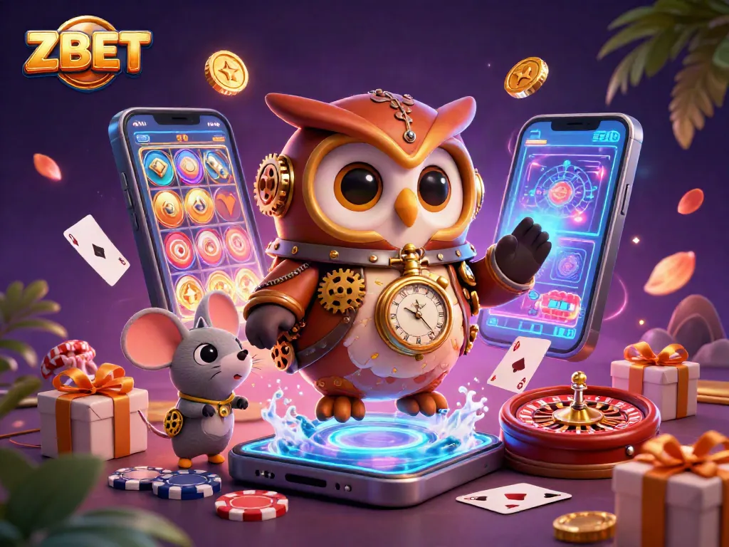 ZBET showcases an exciting live casino scene with a time-traveling owl and vibrant gameplay elements.