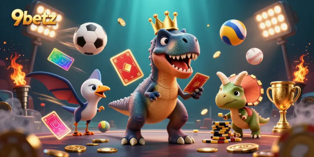 Engage with 9betz: a cartoon T-Rex, pterodactyl, and triceratops in a vibrant casino-themed scene.