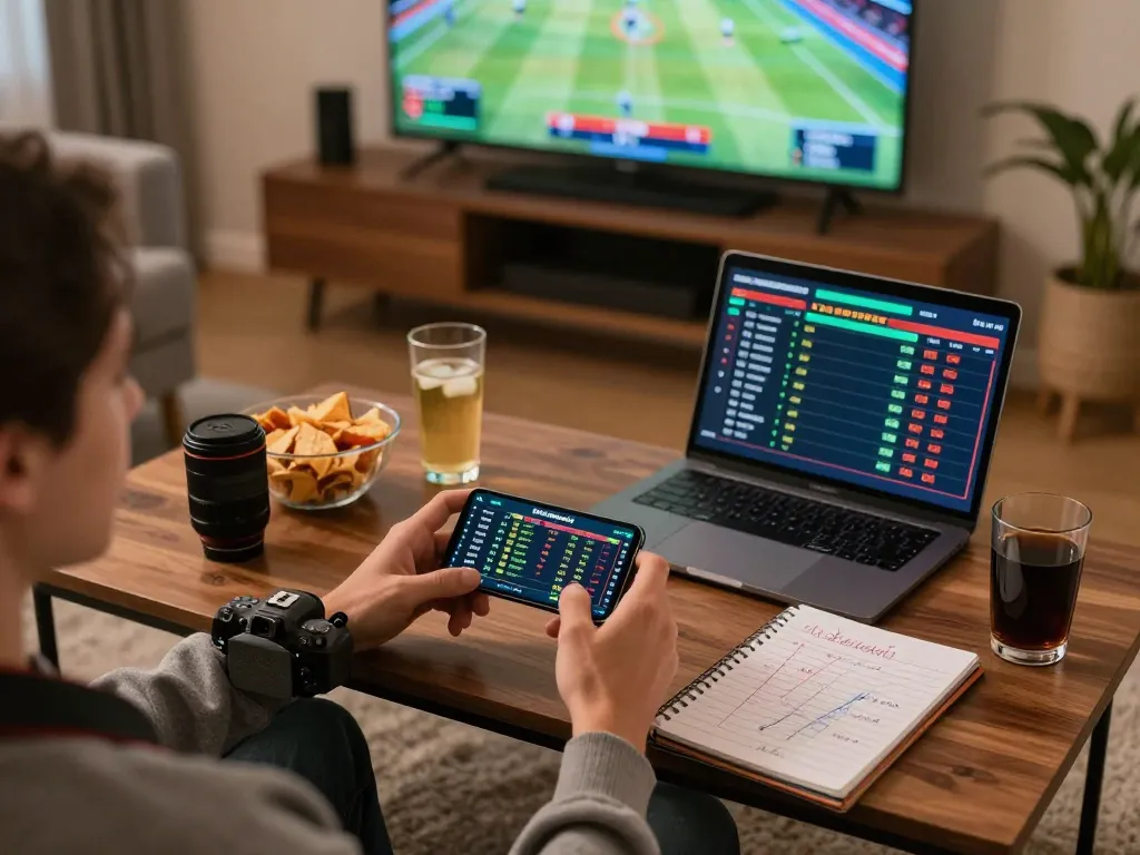 Engaging sports betting experience at home with five88a app displayed on smartphone amidst snacks and excitement.