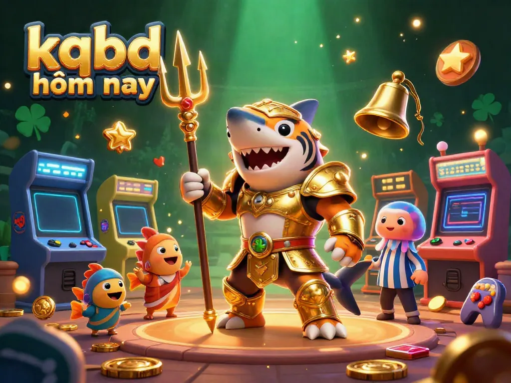 Experience kqbd hôm nay with a vibrant underwater scene featuring a golden tiger shark gladiator among dynamic arcade elements.