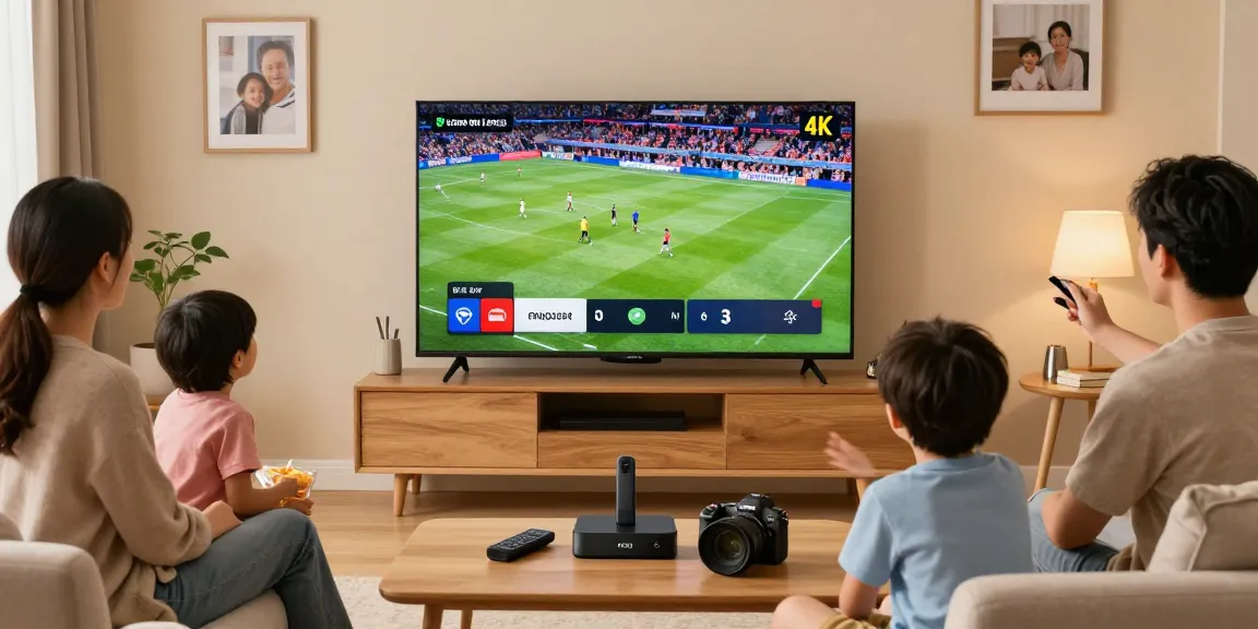 Family enjoying IPTV streaming with vibrant visuals on a smart TV in a cozy living room.