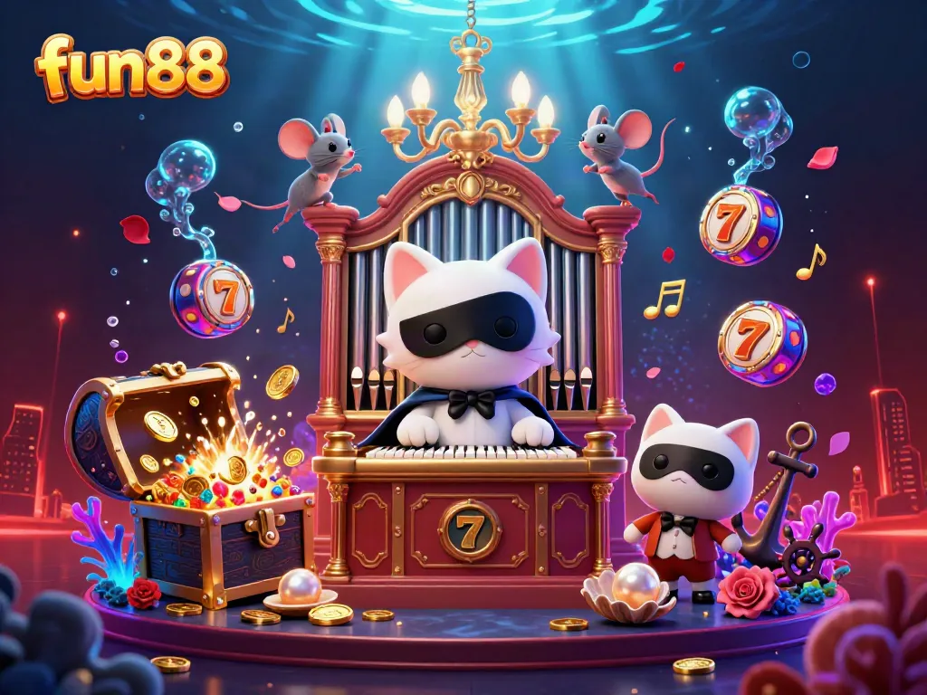 Experience fun88 gaming excitement with a whimsical cat at a vibrant casino organ.
