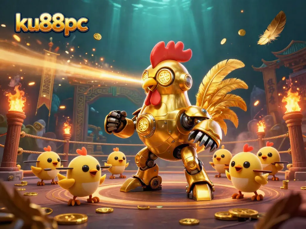 Experience thrilling casino action at ku88pc with a futuristic golden rooster and loyal chick drones.
