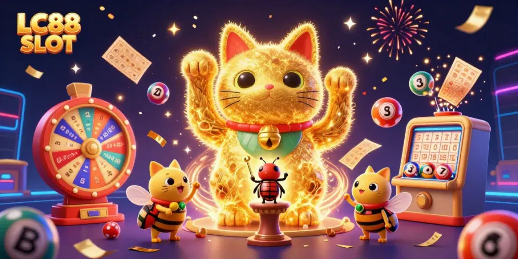 Engage in thrilling gameplay with LC88 SLOT, featuring a dynamic lucky cat and vibrant casino symbols.