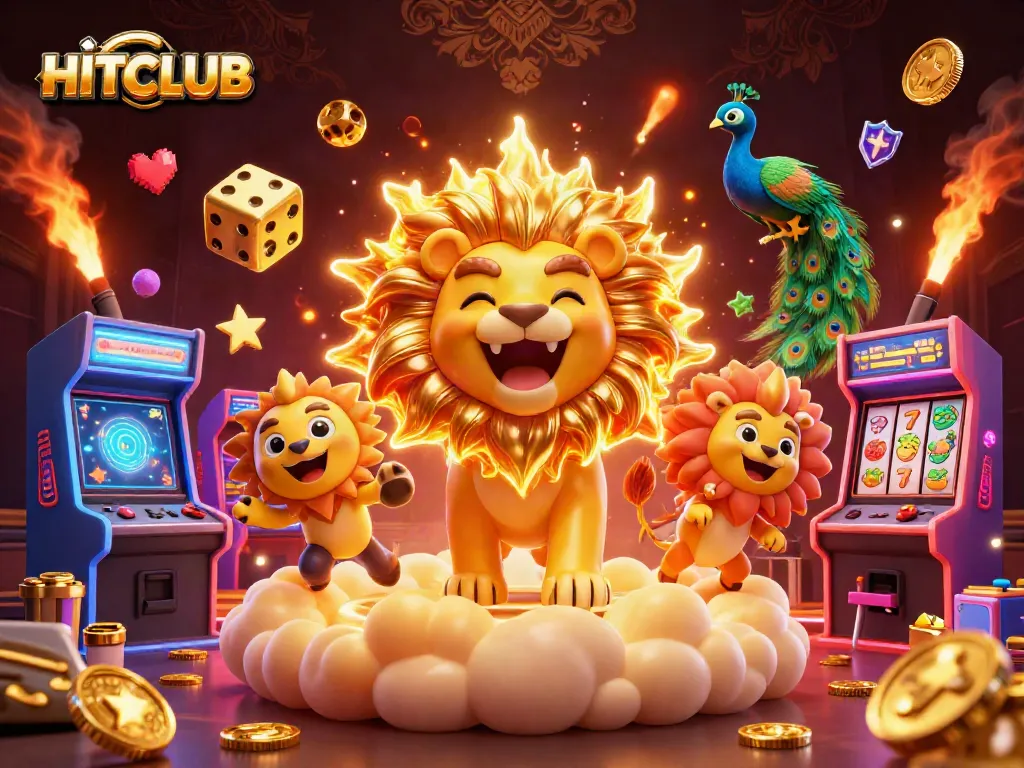 Engage in the thrilling HITCLUB casino experience with golden dice, vibrant slot reels, and dynamic gaming elements!