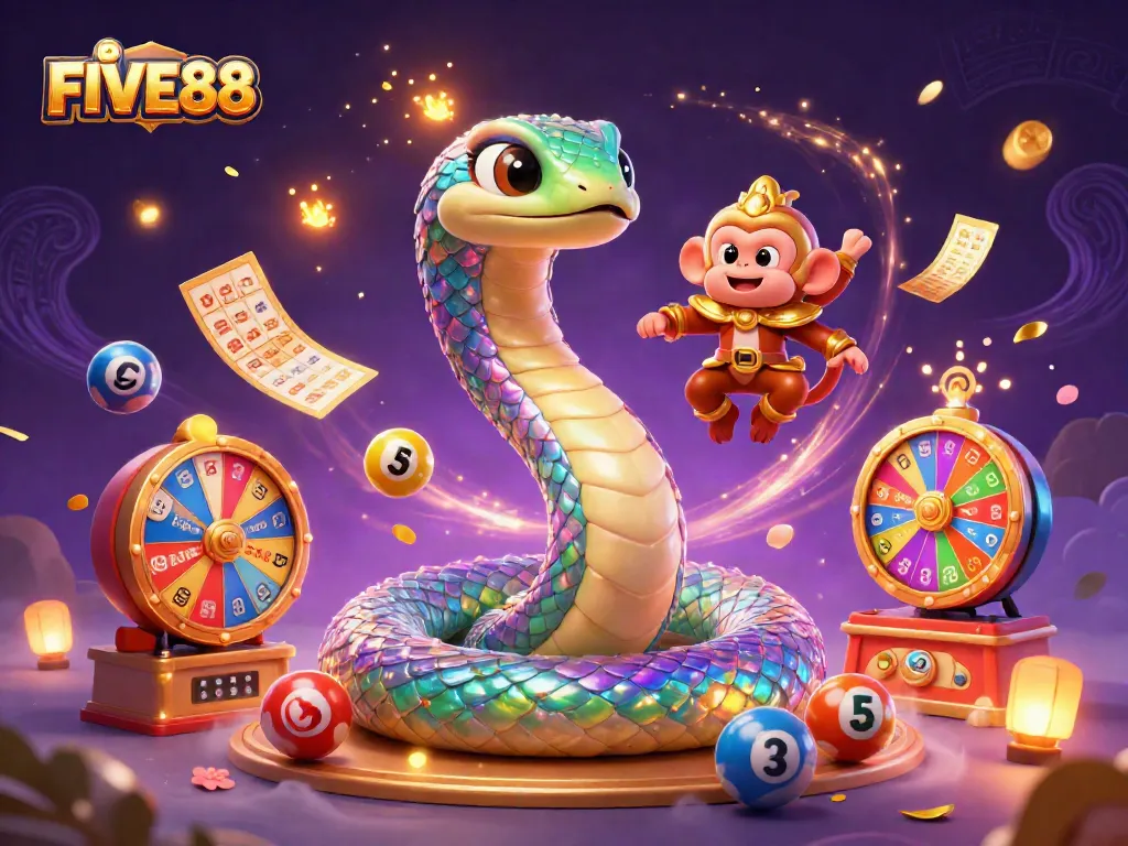Engage with FIVE88's thrilling lottery experience through an exciting, colorful 3D casino illustration.