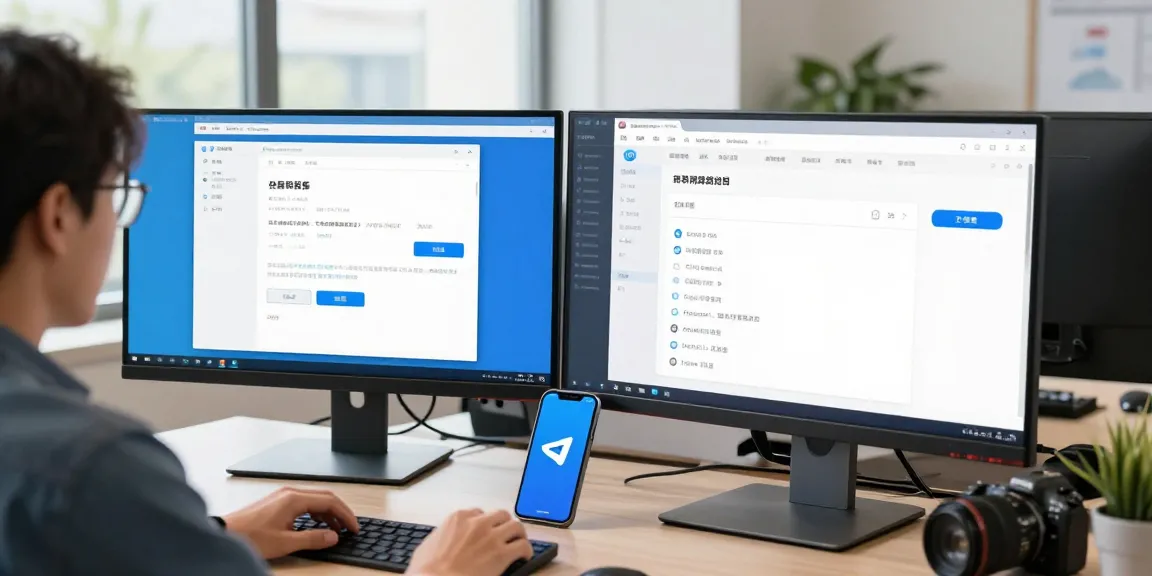 Configuring Telegram中文 interface in a modern workspace with dual monitors