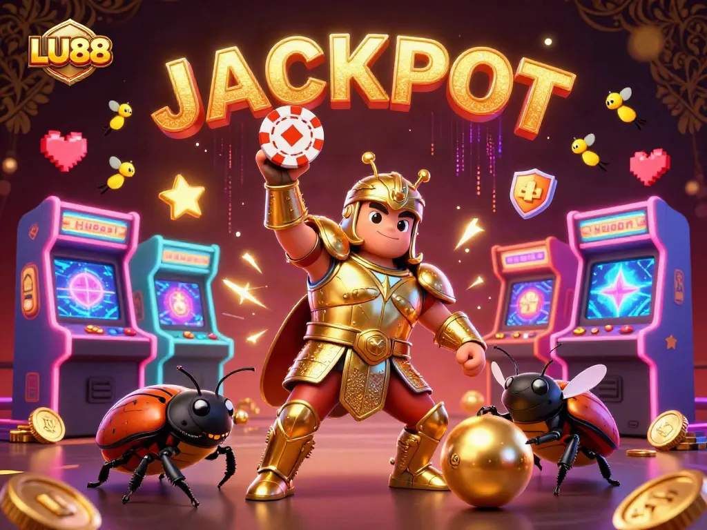 LU88 gaming illustration showcasing a hercules beetle celebrating a jackpot with vibrant casino elements.