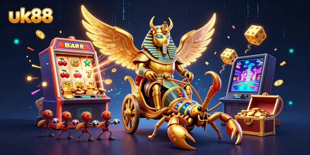 Engage with uk88's exciting online casino offers featuring vibrant golden scarab and dynamic slot machines.