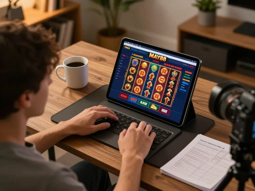 MAY88 gaming experience with a user engaging in online gambling on a tablet in a cozy setting.