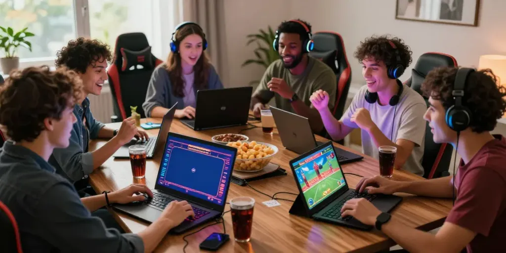 Friends enjoying a lively game night with SKY88 online gambling on their devices.