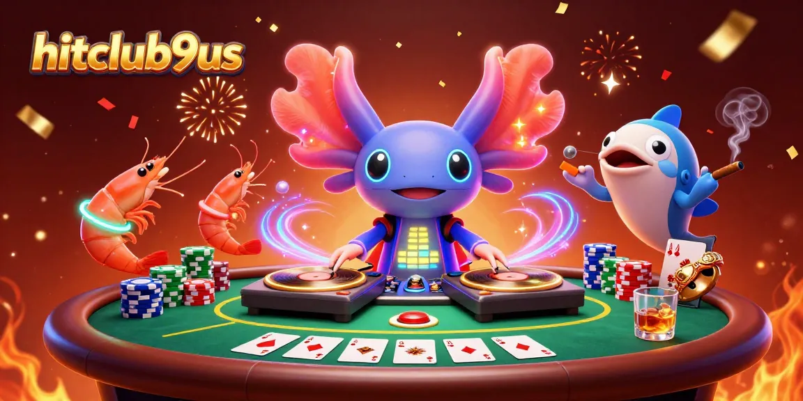 Experience high-energy gaming action with hitclub9us's vibrant casino illustration featuring poker chips and a DJ