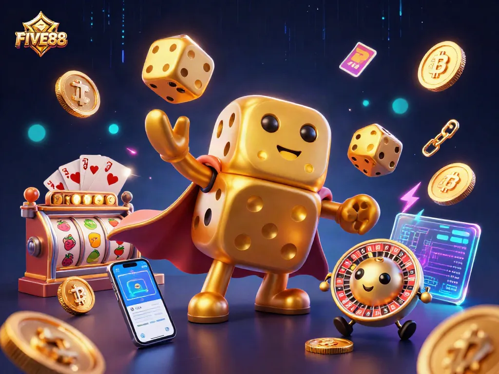 Engage in dynamic gambling action with FIVE88 featuring golden dice, slot reels, and crypto coins.