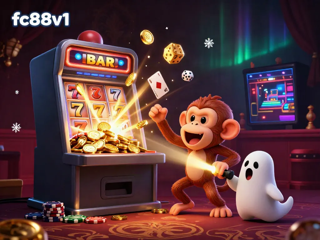 Experience the excitement of fc88v1 as a mischievous poltergeist monkey juggles golden casino treasures in a haunted setting.