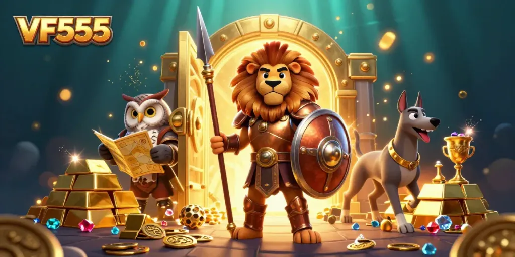 Experience thrilling wins at VF555 Casino with this vibrant 3D illustration featuring luxurious treasures and dynamic characters.