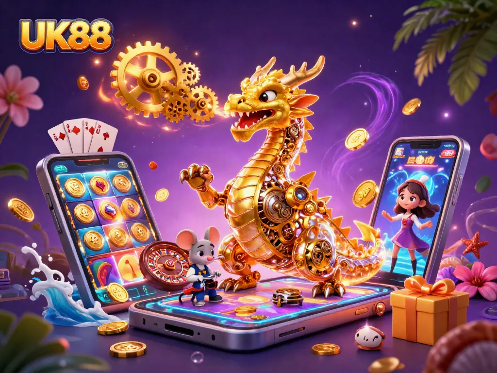 Experience exciting gameplay with UK88's 3D dragon and vibrant casino elements in action.