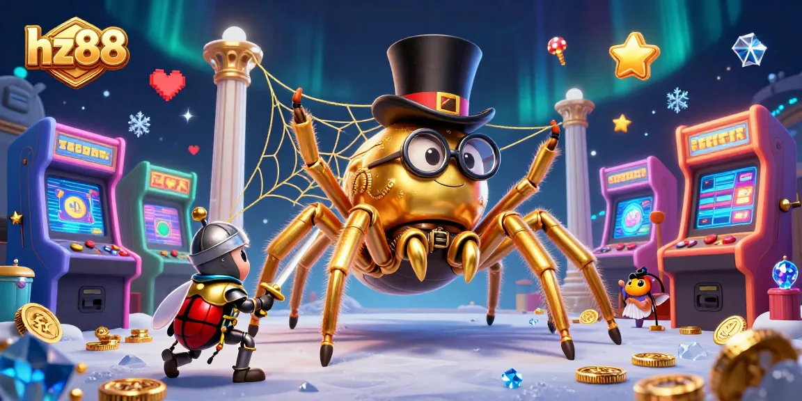 Experience the excitement of hz88 with a giant golden tarantula and beetle knight in a vibrant casino scene.