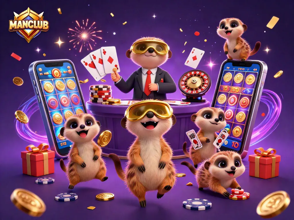 MANCLUB meerkats celebrate with casino games, vibrant slot reels, and overflowing chips.