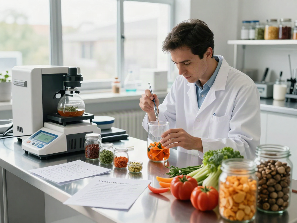 Food scientist creating erecsure formulation in a sunny, modern kitchen with fresh ingredients and high-tech equipment.