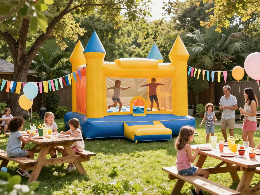Children bouncing joyfully in a colorful bounce castle at a summer party.