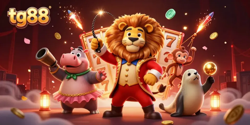 Experience exhilarating action at tg88 with a vibrant 3D circus scene featuring dynamic characters and slot game elements.