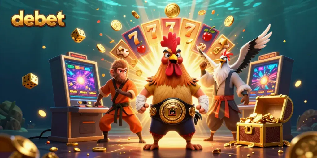 Experience big wins at Debet with vibrant casino games, showcasing a dynamic scene of characters and gaming elements.