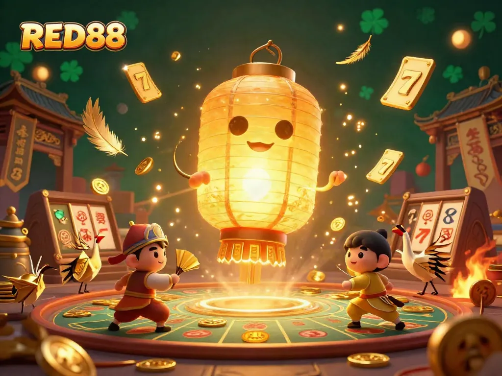 Engage with thrilling gambling at RED88, featuring a vibrant 3D scene filled with slot reels and lucky symbols.